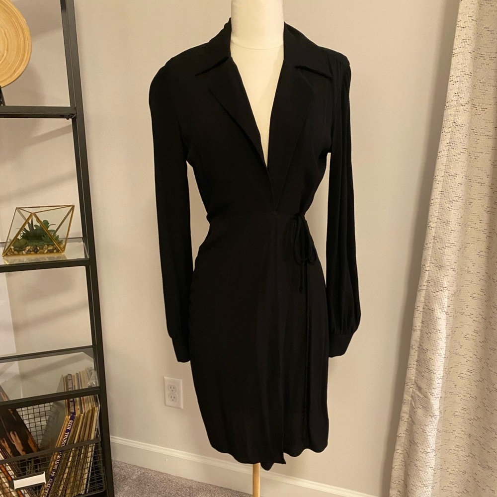 Reformation Black Long-Sleeve Mini Wrap Dress